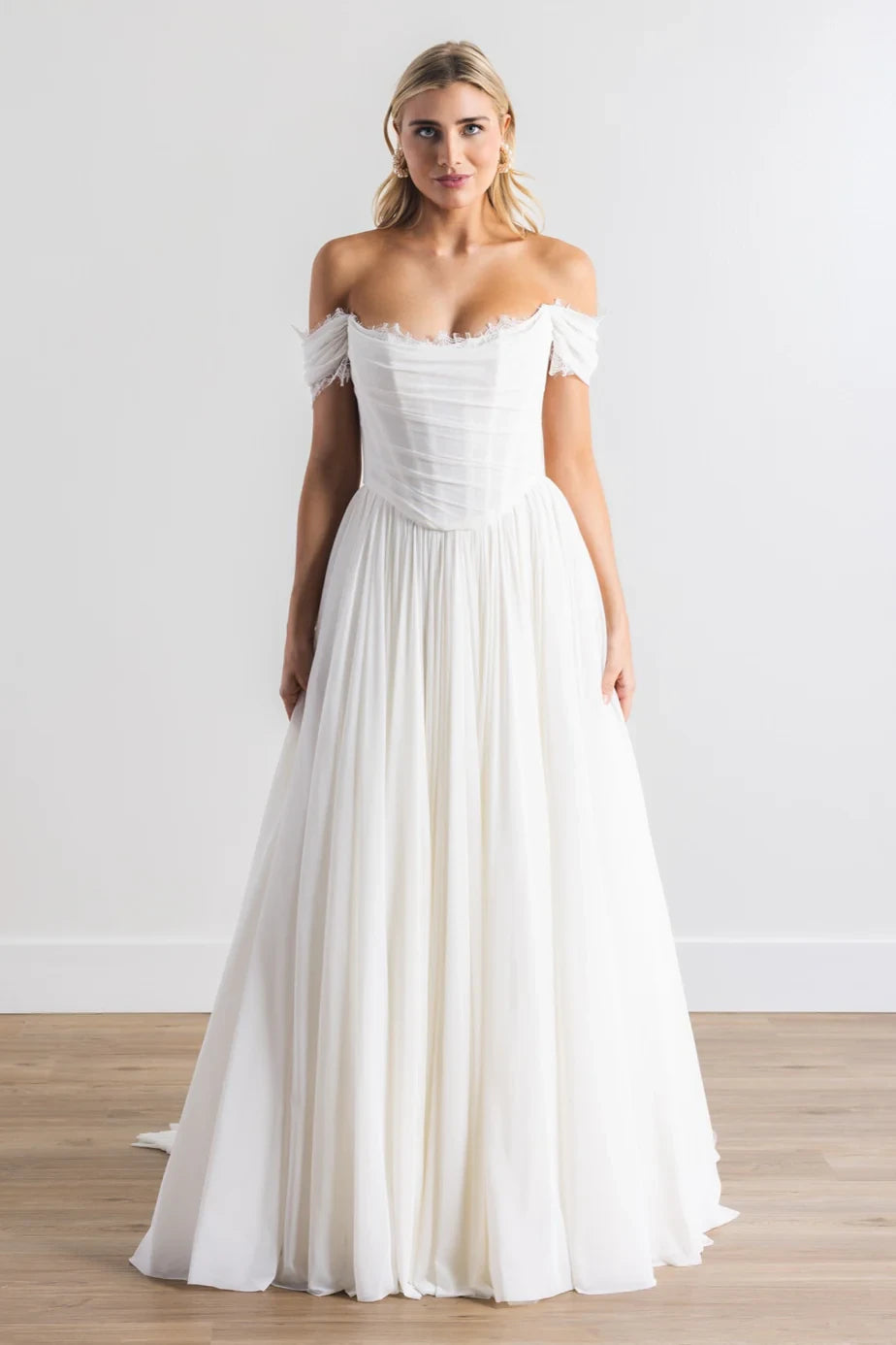 Flowy Simple Chiffon Lace A-Line Off-Shoulder Sweetheart Short Sleeve Open Back Floor-Length Wedding Dresses
