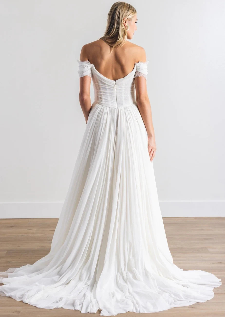 Flowy Simple Chiffon Lace A-Line Off-Shoulder Sweetheart Short Sleeve Open Back Floor-Length Wedding Dresses