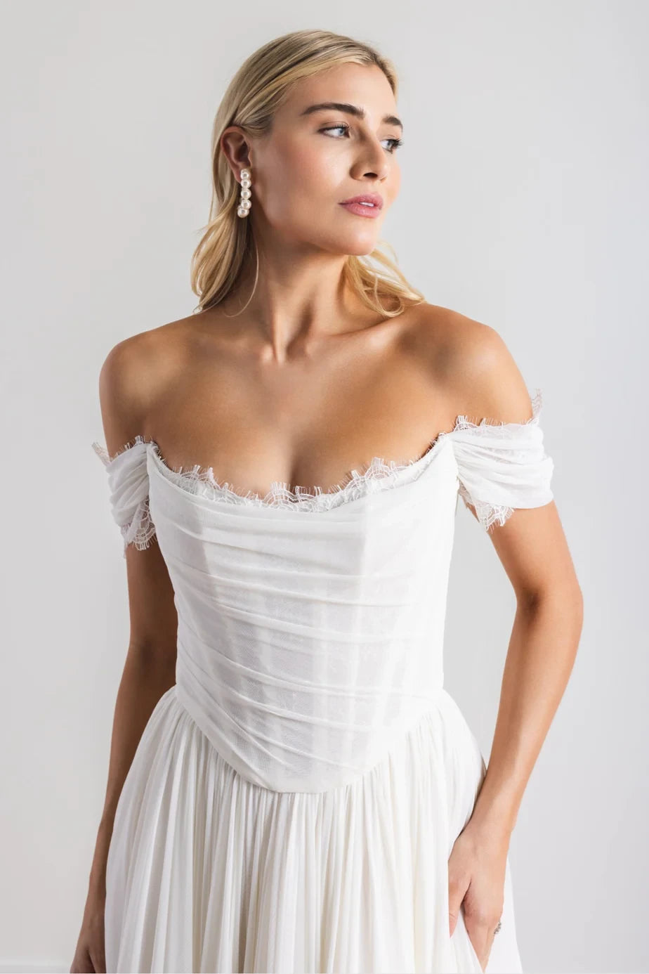 Flowy Simple Chiffon Lace A-Line Off-Shoulder Sweetheart Short Sleeve Open Back Floor-Length Wedding Dresses