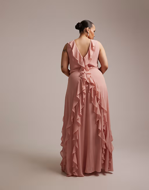 Flowy chiffon V-neck sleeveless ruffle floor-length bridesmaid dress