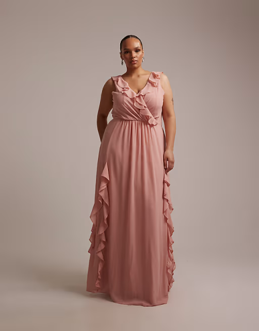 Flowy chiffon V-neck sleeveless ruffle floor-length bridesmaid dress