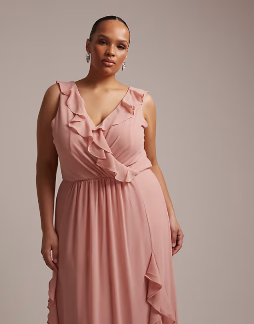 Flowy chiffon V-neck sleeveless ruffle floor-length bridesmaid dress