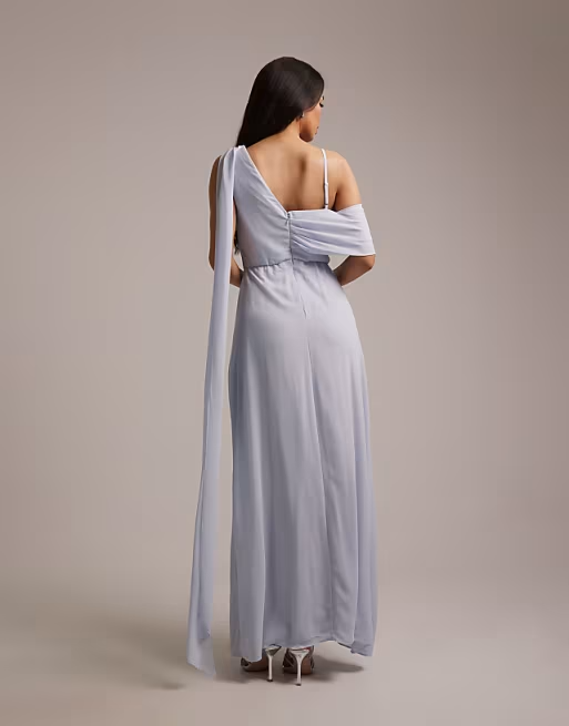 Flowy chiffon one-shoulder draped floor-length bridesmaid dress