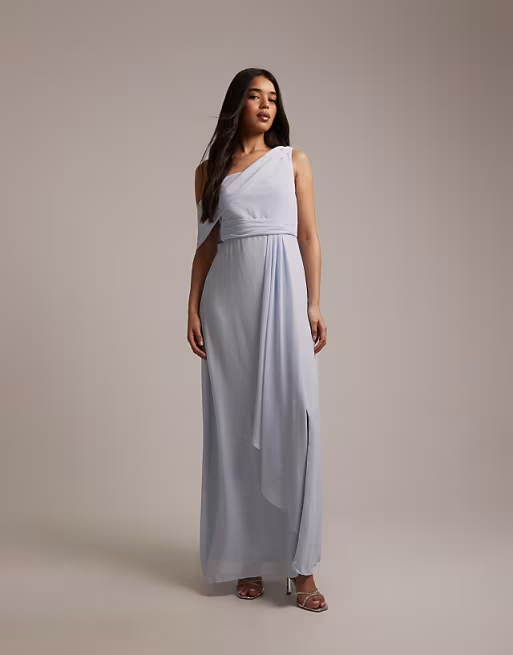 Flowy chiffon one-shoulder draped floor-length bridesmaid dress