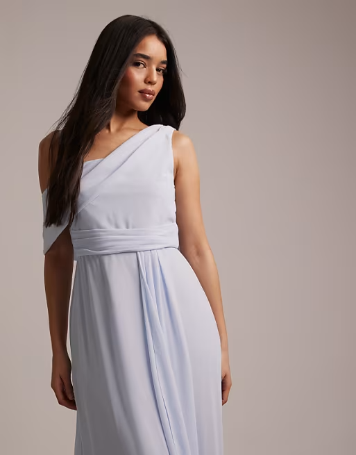 Flowy chiffon one-shoulder draped floor-length bridesmaid dress