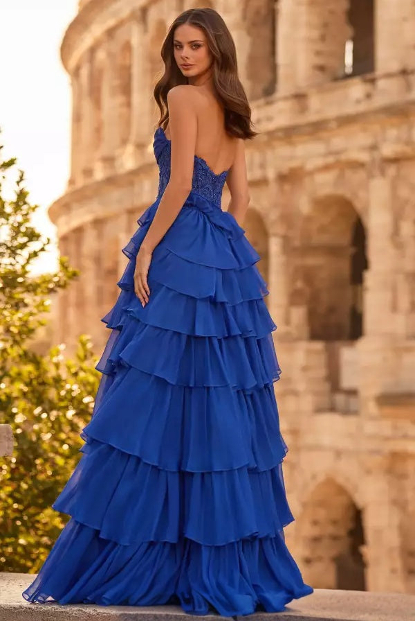 Flowy tiered A-line strapless sweetheart lace-bodice high-slit floor-length evening dress