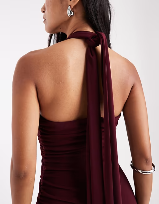 Form-Fitting Halter-Neck Knot-Front Tie-Back Slit Floor-Length Bridesmaid Dress