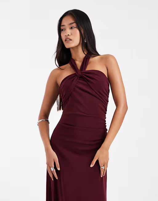 Form-Fitting Halter-Neck Knot-Front Tie-Back Slit Floor-Length Bridesmaid Dress