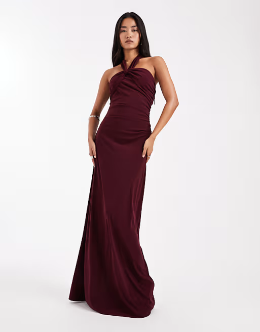 Form-Fitting Halter-Neck Knot-Front Tie-Back Slit Floor-Length Bridesmaid Dress