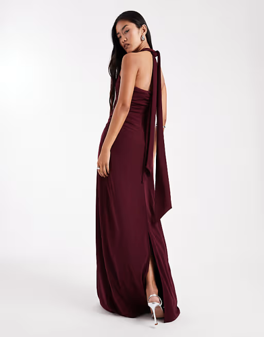 Form-Fitting Halter-Neck Knot-Front Tie-Back Slit Floor-Length Bridesmaid Dress