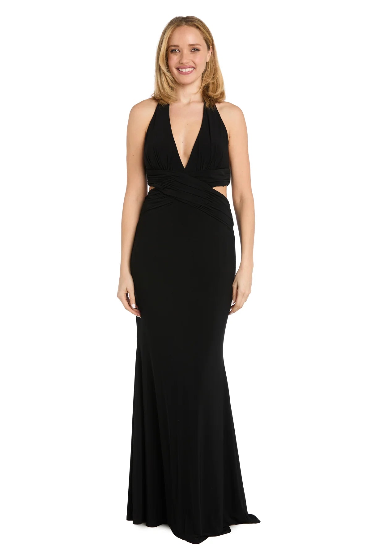 Form-Fitting Halter-Neck Sleeveless Zipper-Back Cutout Black Evening Dress