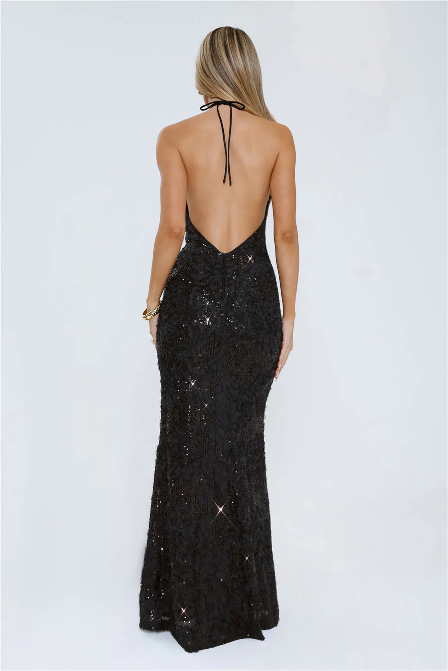 Form-Fitting Mermaid Halter-Neck Lace-Sequin Floor-Length Evening Dress