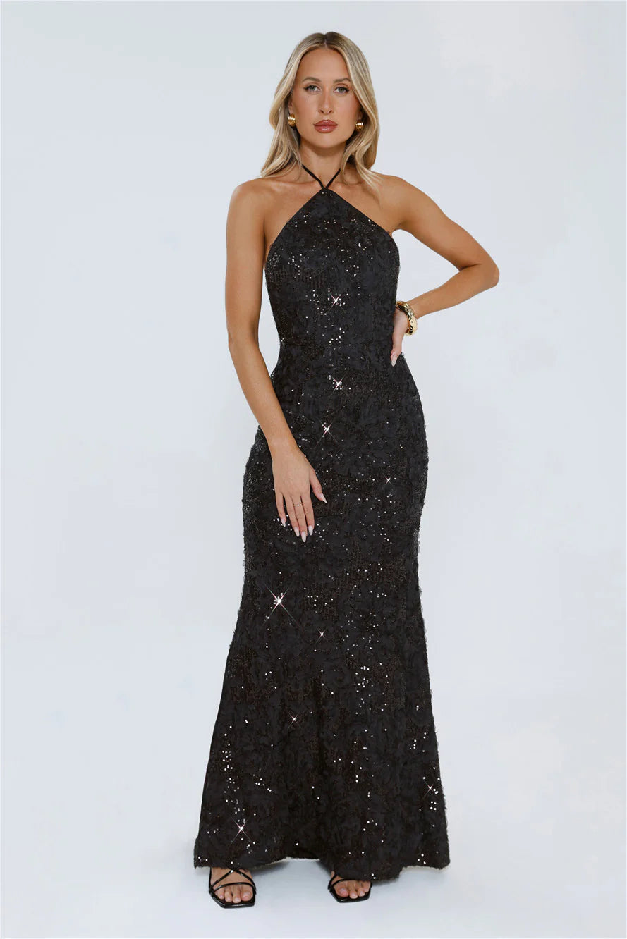Form-Fitting Mermaid Halter-Neck Lace-Sequin Floor-Length Evening Dress