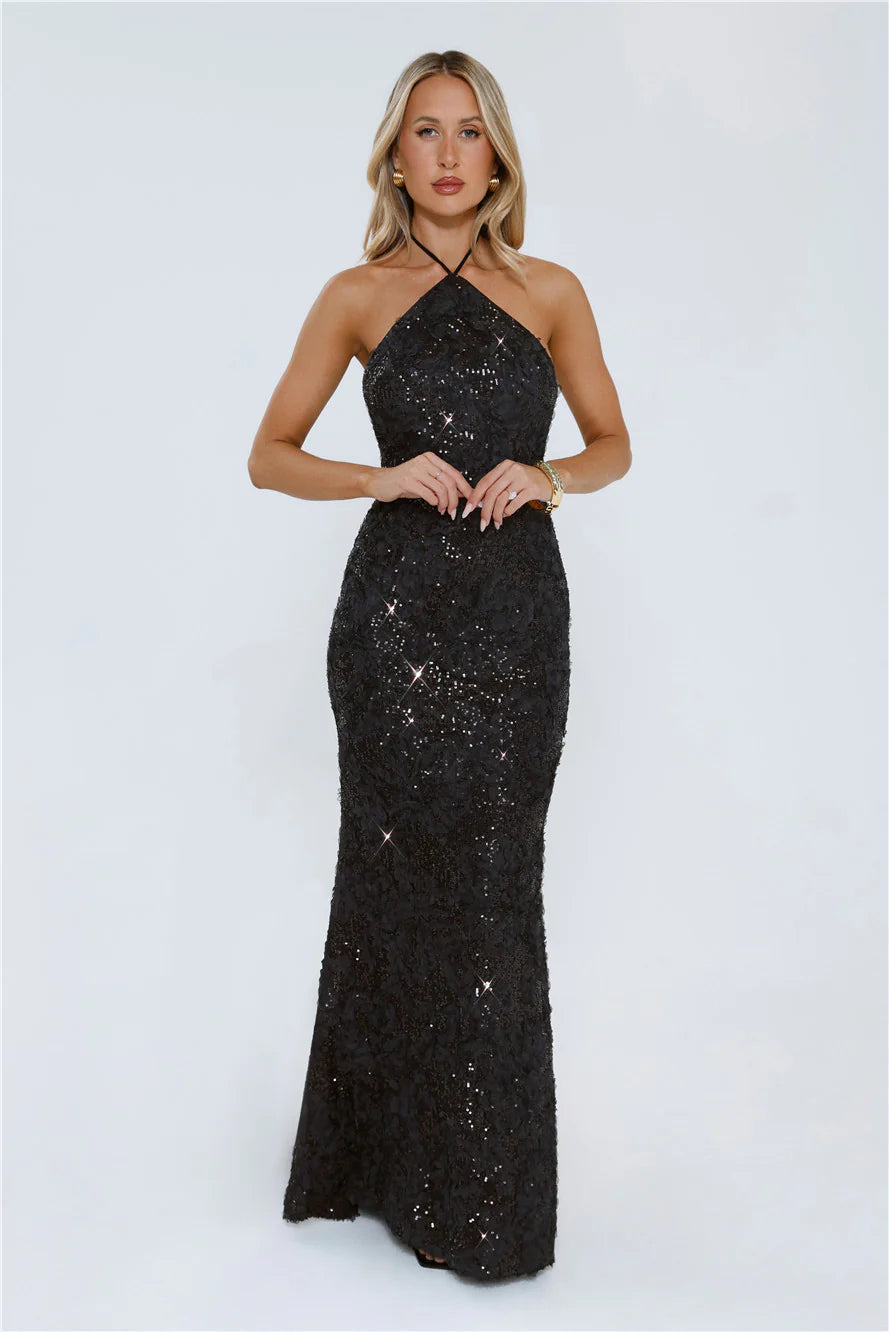 Form-Fitting Mermaid Halter-Neck Lace-Sequin Floor-Length Evening Dress
