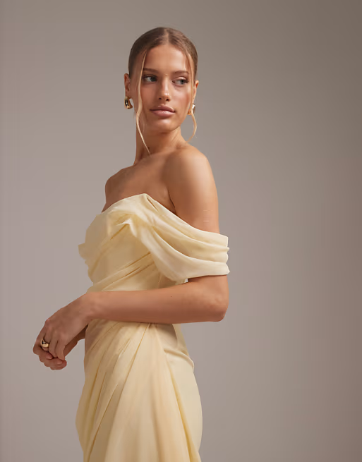 Form-Fitting Mermaid Off-the-Shoulder Short-Sleeve Draped-Slit Floor-Length Bridesmaid Dress