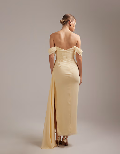 Form-Fitting Mermaid Off-the-Shoulder Short-Sleeve Draped-Slit Floor-Length Bridesmaid Dress