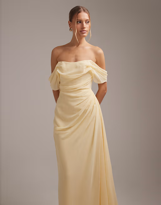 Form-Fitting Mermaid Off-the-Shoulder Short-Sleeve Draped-Slit Floor-Length Bridesmaid Dress