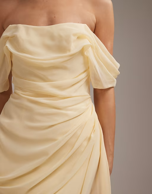 Form-Fitting Mermaid Off-the-Shoulder Short-Sleeve Draped-Slit Floor-Length Bridesmaid Dress