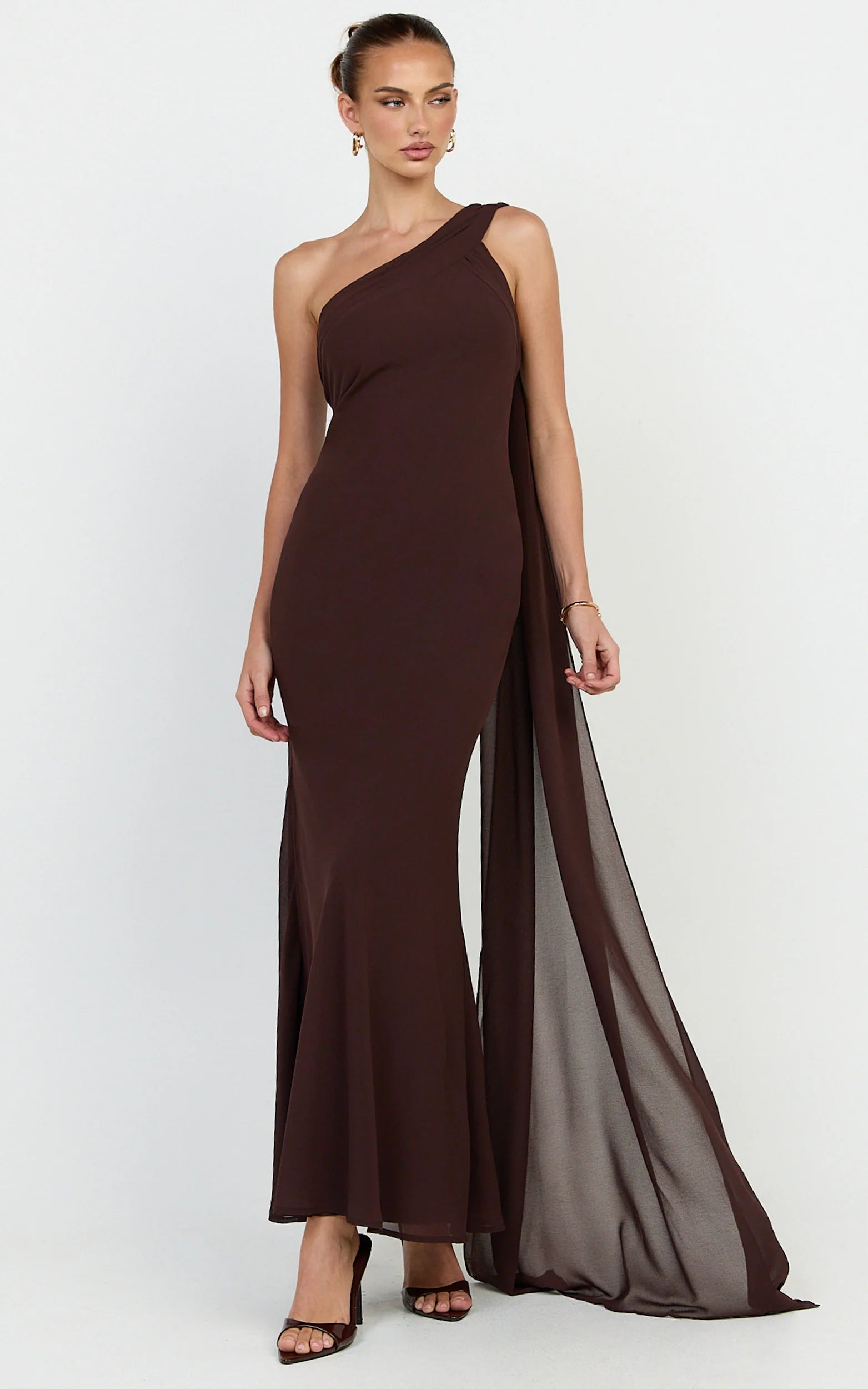 Form-Fitting Mermaid One-Shoulder Sleeveless Zipper-Back Floor-Length Drape Chocolate Evening Dress