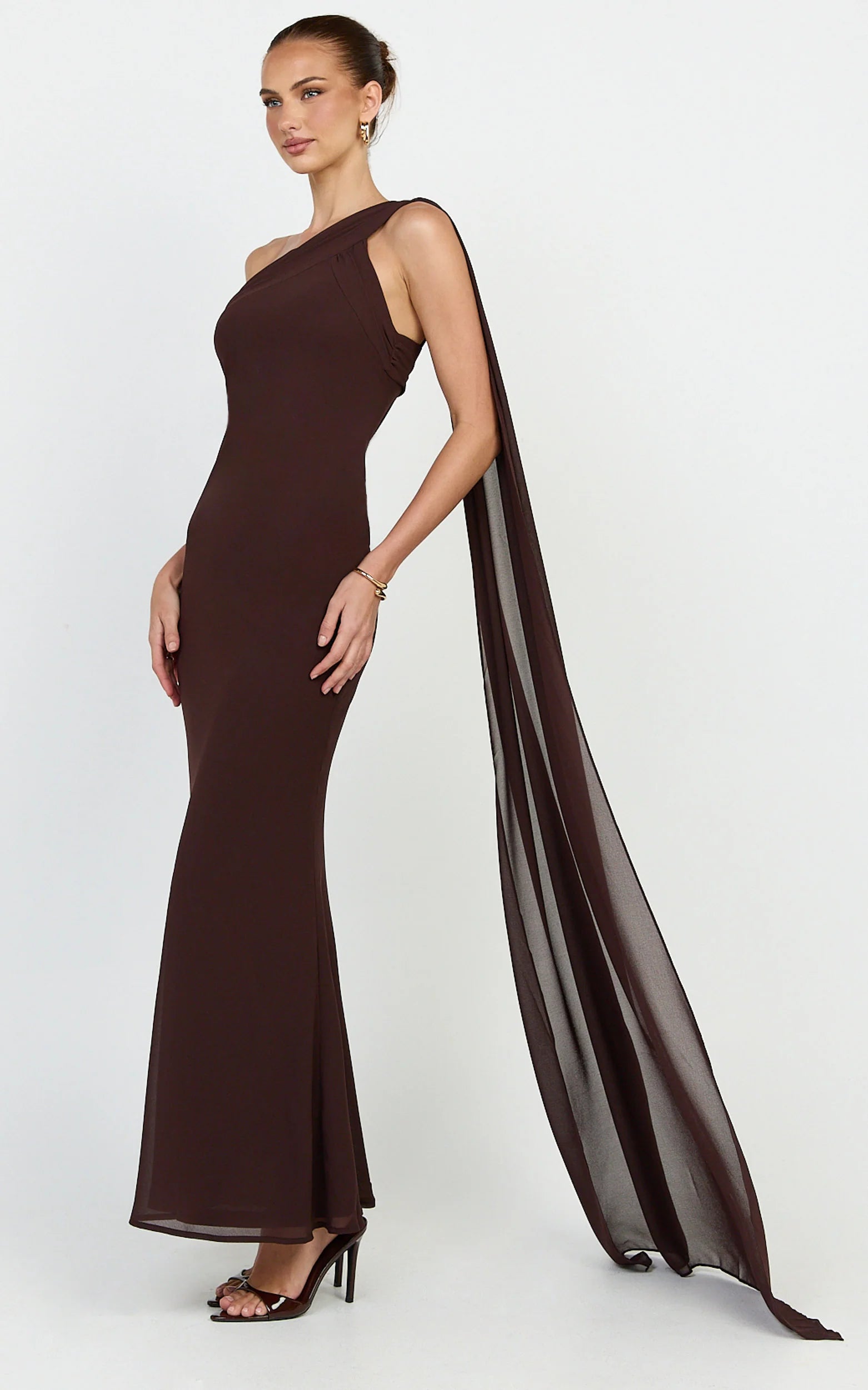Form-Fitting Mermaid One-Shoulder Sleeveless Zipper-Back Floor-Length Drape Chocolate Evening Dress