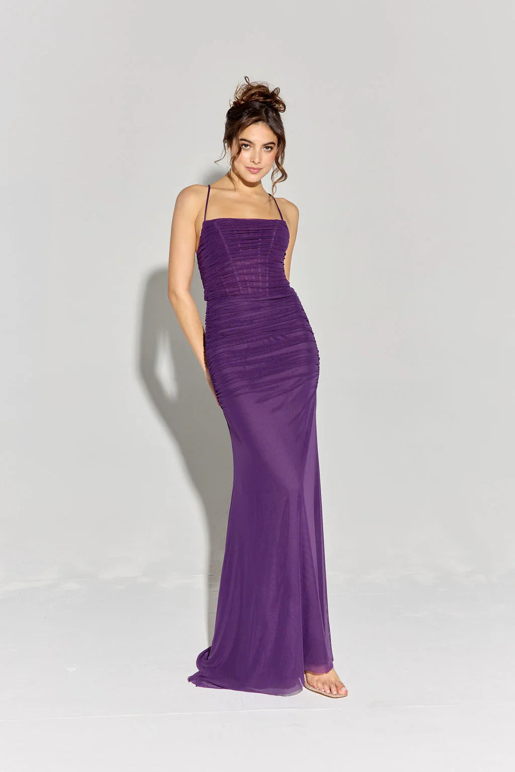 Form-Fitting Mermaid Square-Neck Spaghetti-Straps Lace-Up Floor-Length Mesh Prom Dress