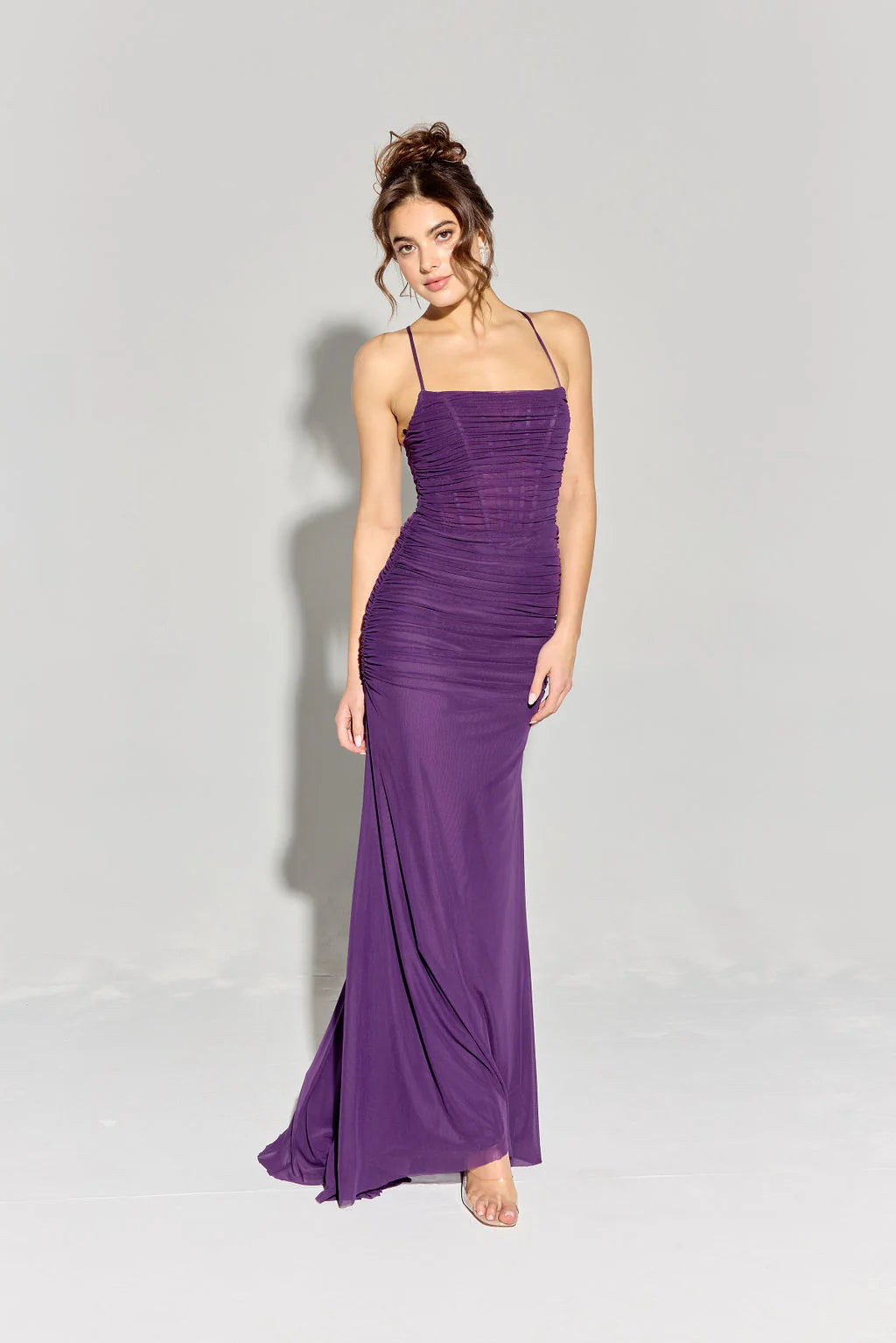 Form-Fitting Mermaid Square-Neck Spaghetti-Straps Lace-Up Floor-Length Mesh Prom Dress