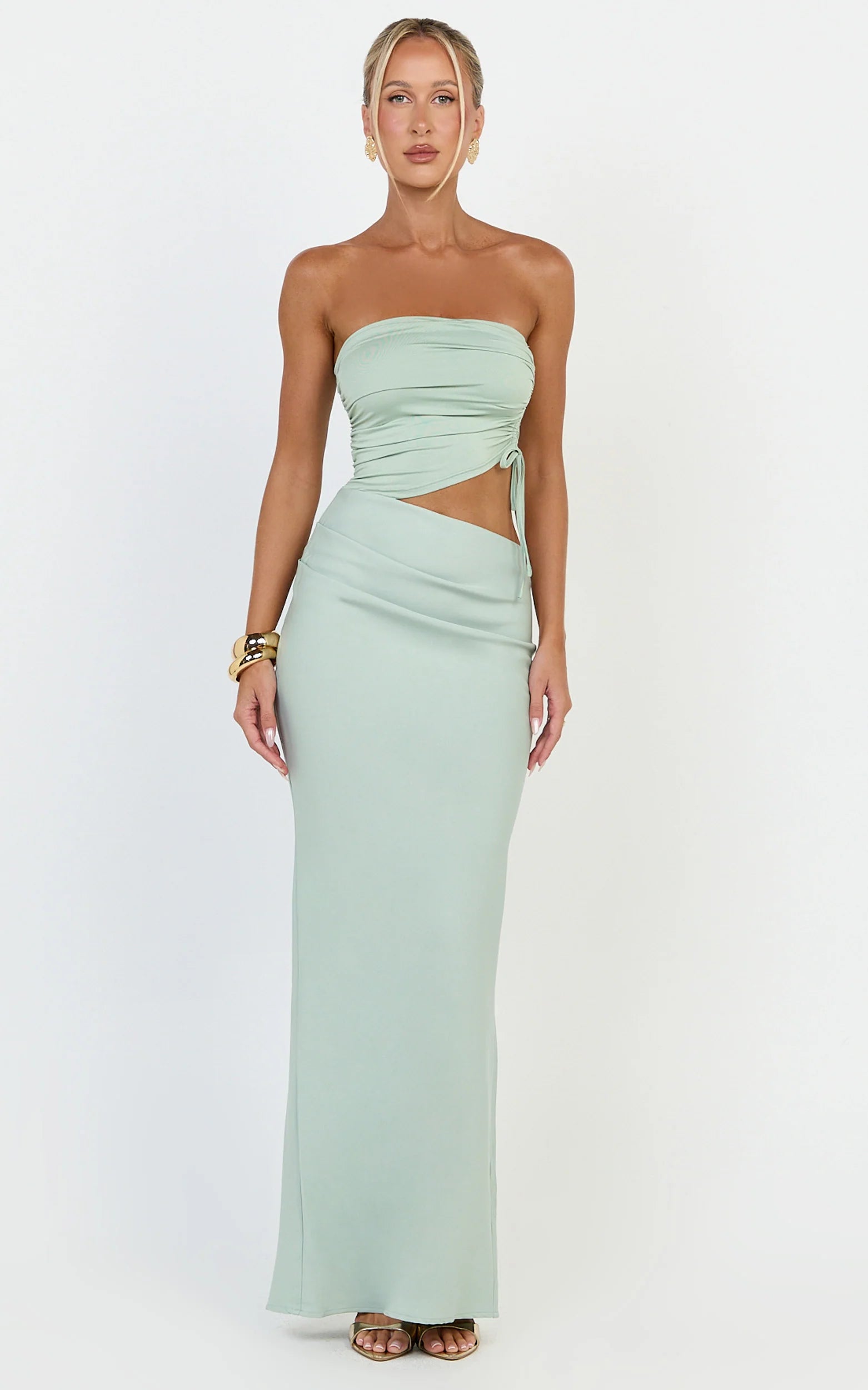 Form-Fitting Mermaid Strapless Sleeveless Open-Back Floor-Length Sage Green Evening Dress