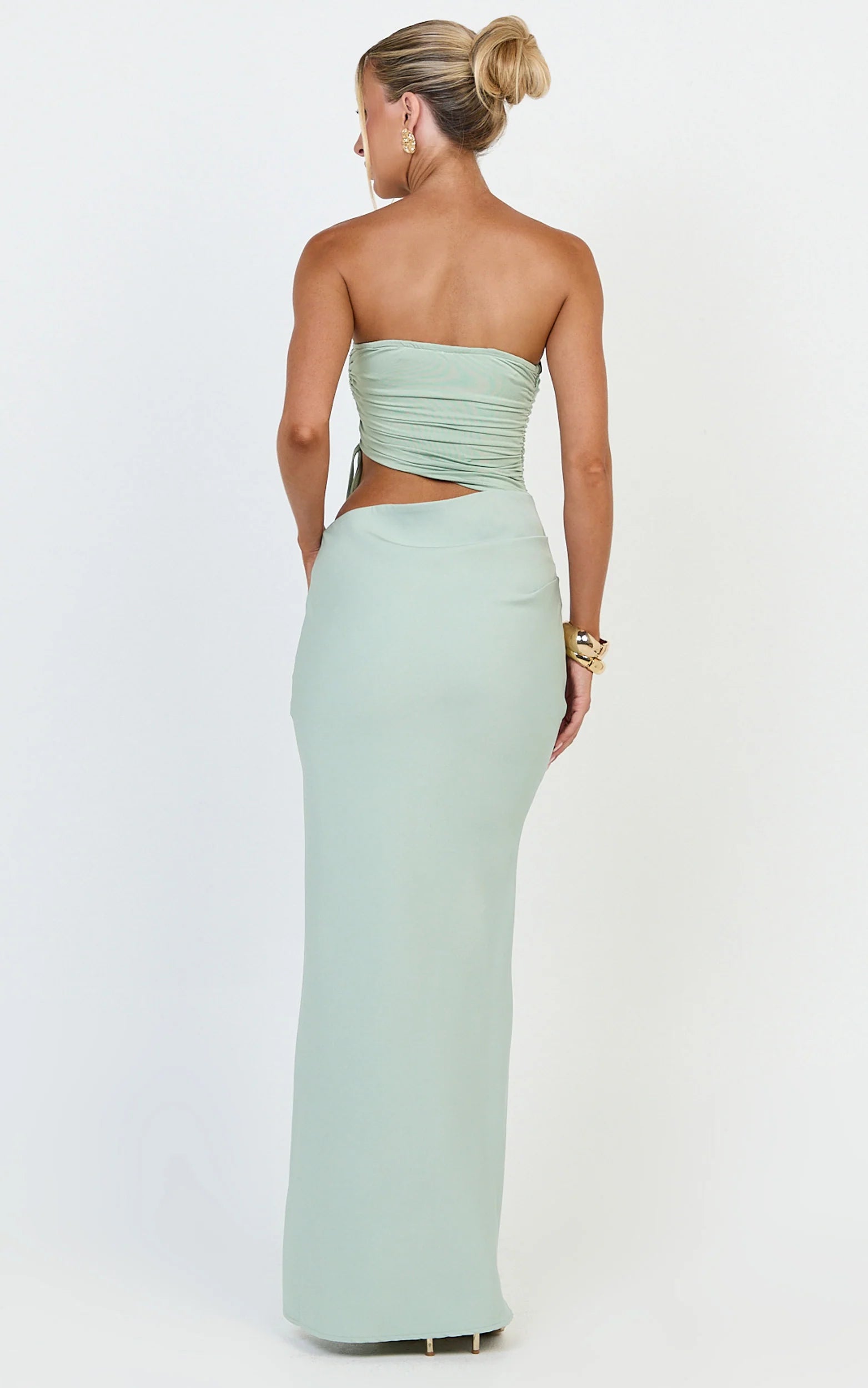 Form-Fitting Mermaid Strapless Sleeveless Open-Back Floor-Length Sage Green Evening Dress
