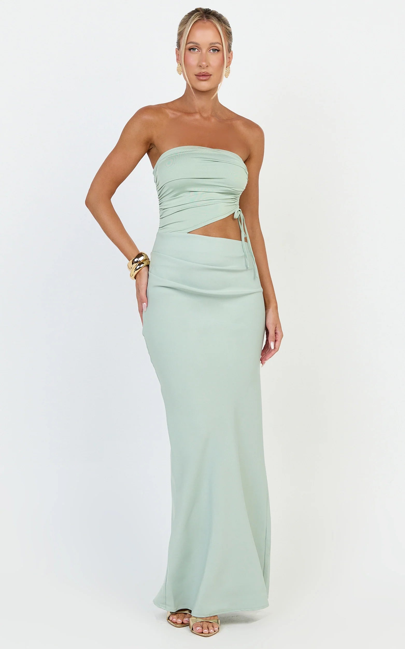 Form-Fitting Mermaid Strapless Sleeveless Open-Back Floor-Length Sage Green Evening Dress