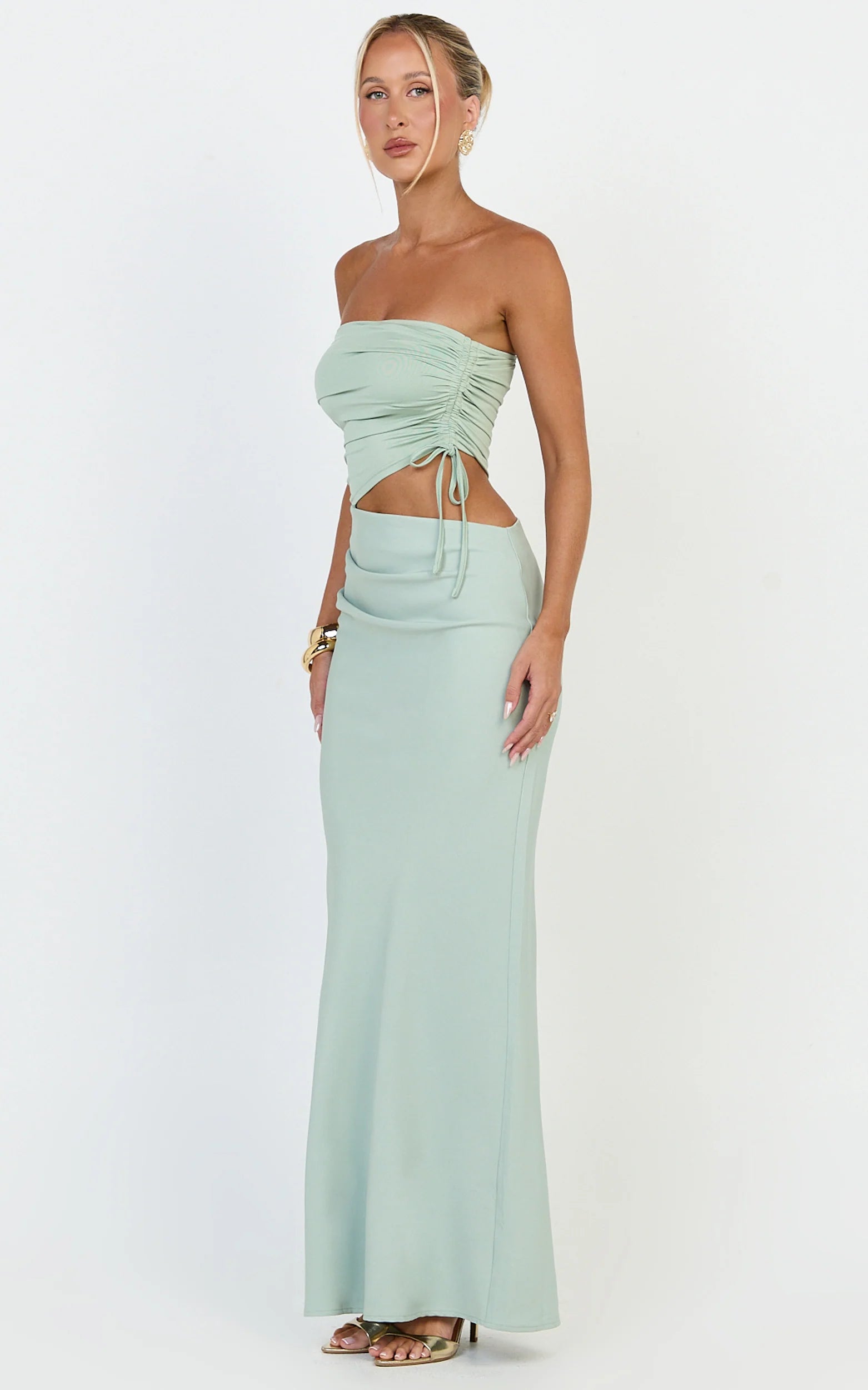 Form-Fitting Mermaid Strapless Sleeveless Open-Back Floor-Length Sage Green Evening Dress