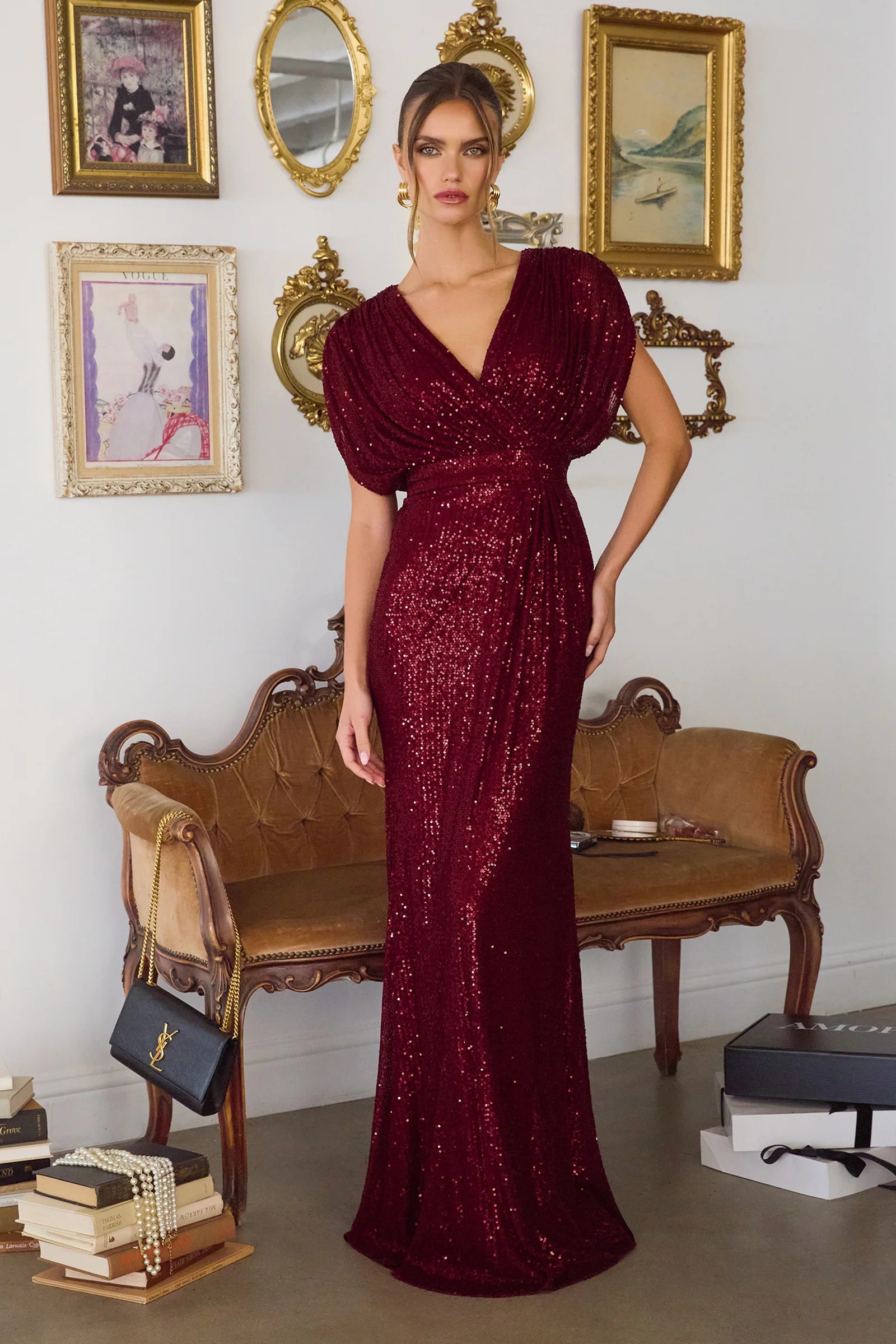 Form-Fitting V-Neck Dolman Sleeve Floor Length Evening Dress