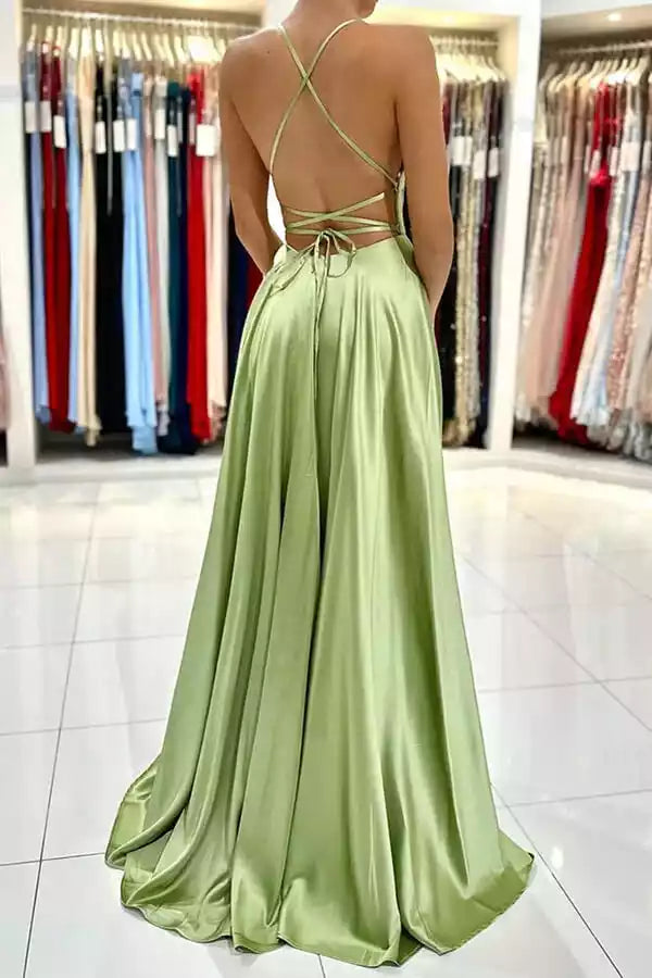 Fresh Sage Green Satin A-Line Gown with Square Neck & Lace-Up Back