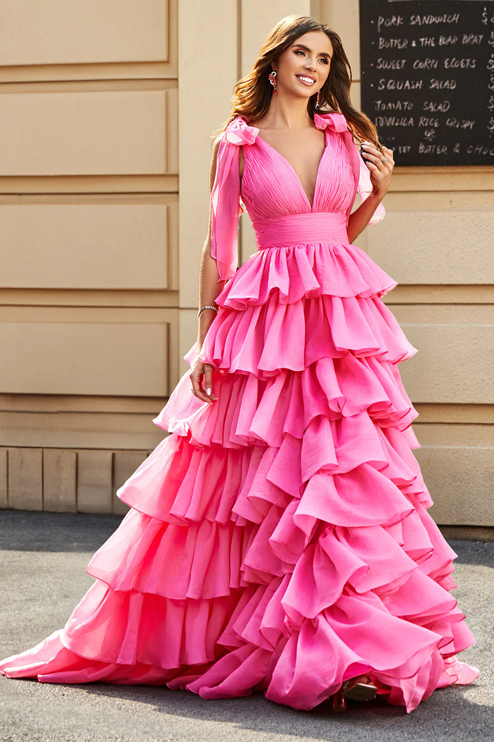 Fuchsia A-Line Deep V Neck Tiered Long Prom Dress With Slit