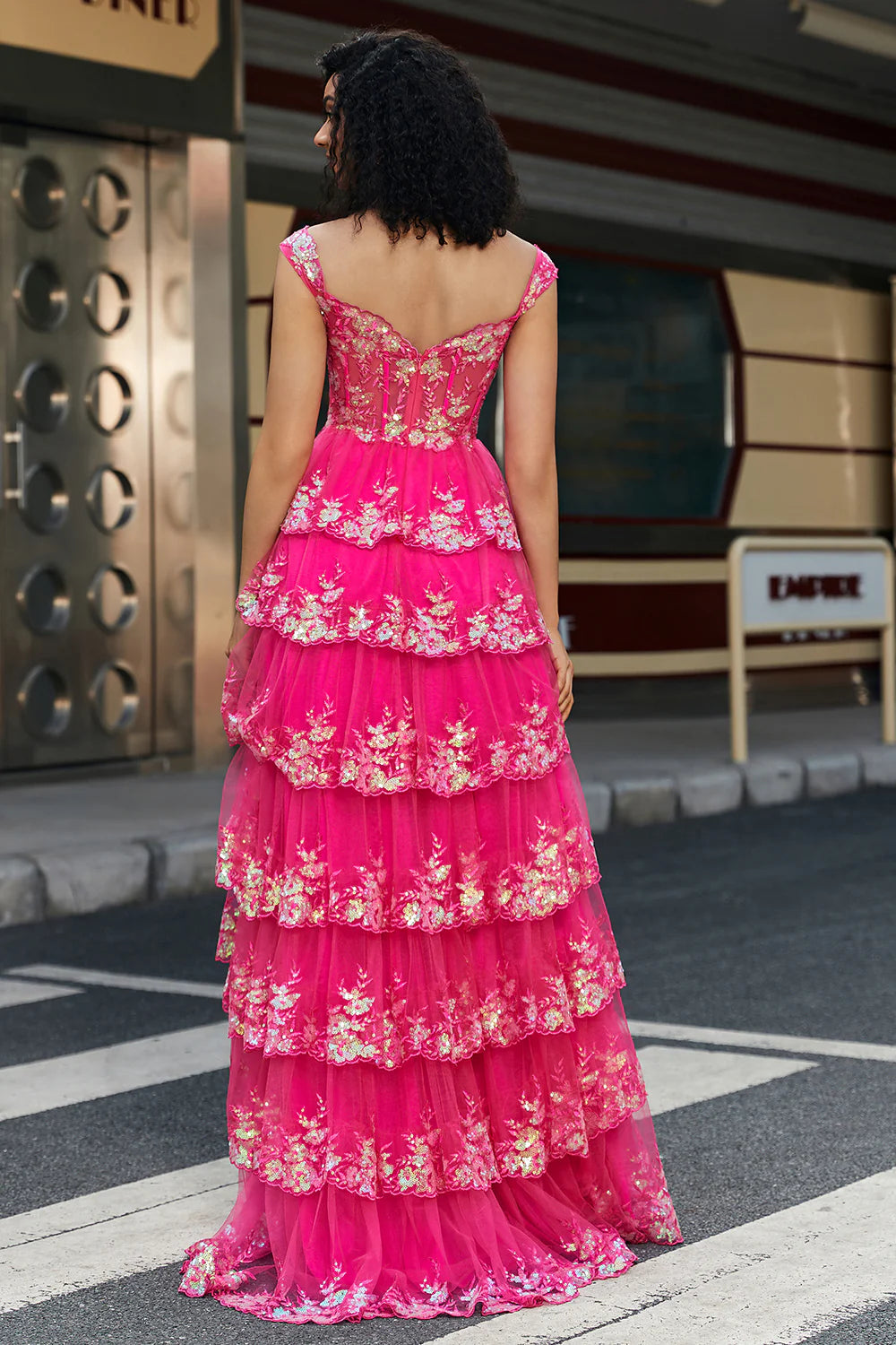 Fuchsia A-Line Off The Shoulder Sparkly Sequin Tiered Prom Dress With Slit