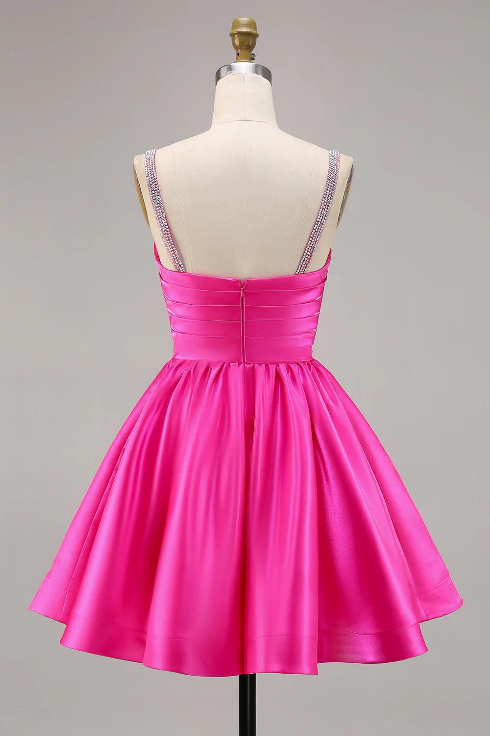 Fuchsia A Line Spaghetti Straps Beaded Satin Short Homecoming Dress