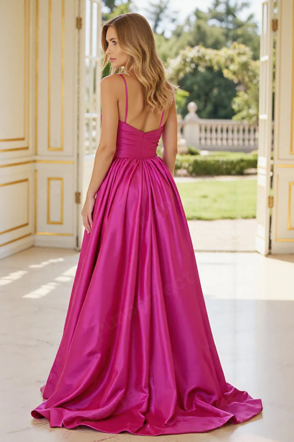 Fuchsia A Line V-Neck Spaghetti Straps Satin Long Prom Dress with Slit