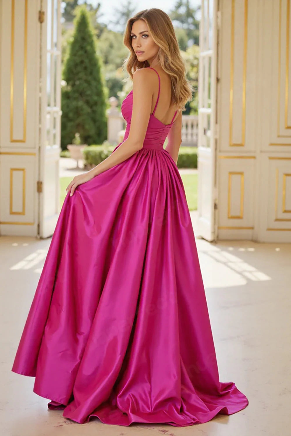 Fuchsia A Line V-Neck Spaghetti Straps Satin Long Prom Dress with Slit
