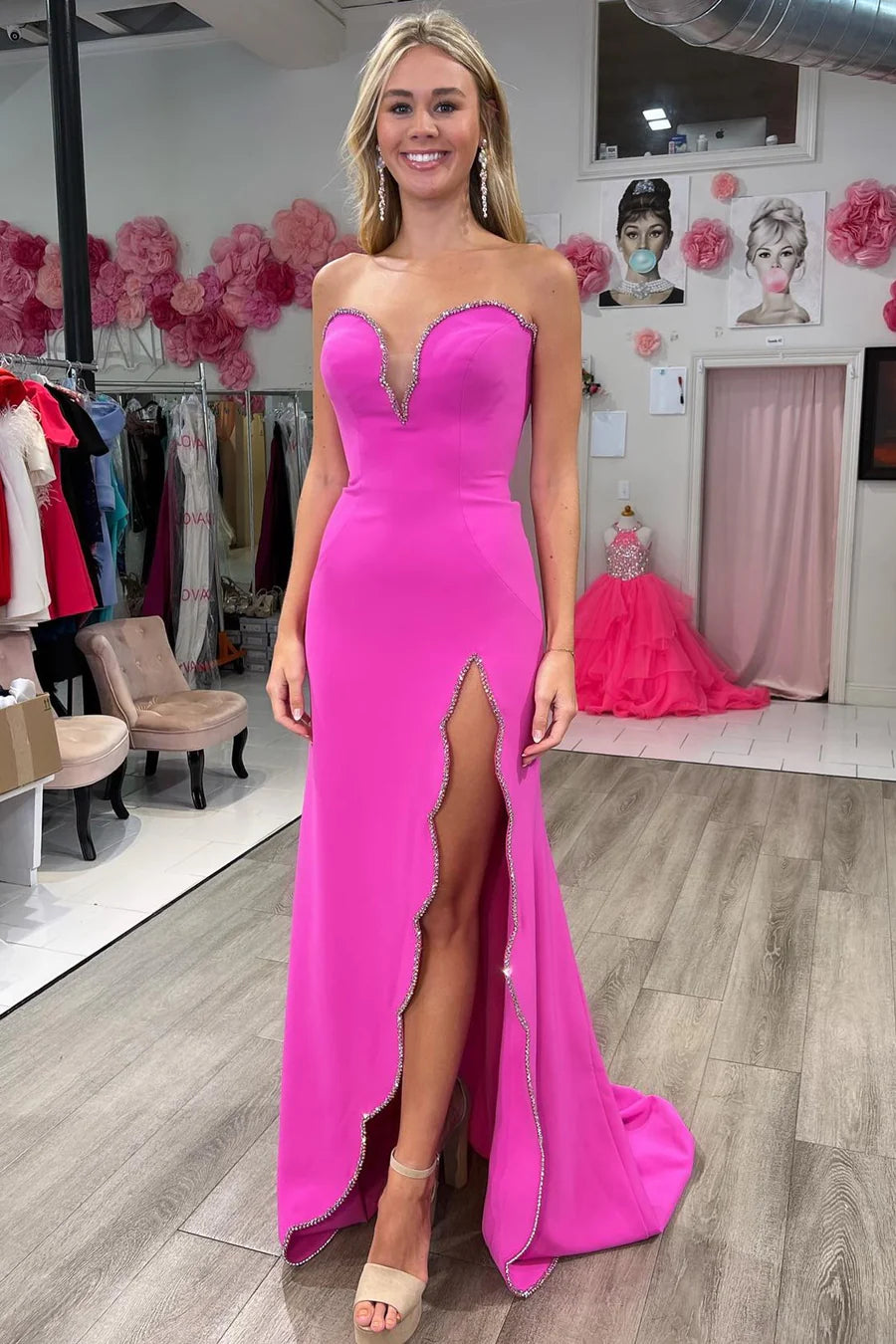 Fuchsia Beaded Strapless Mermaid Long Formal Dress with Slit