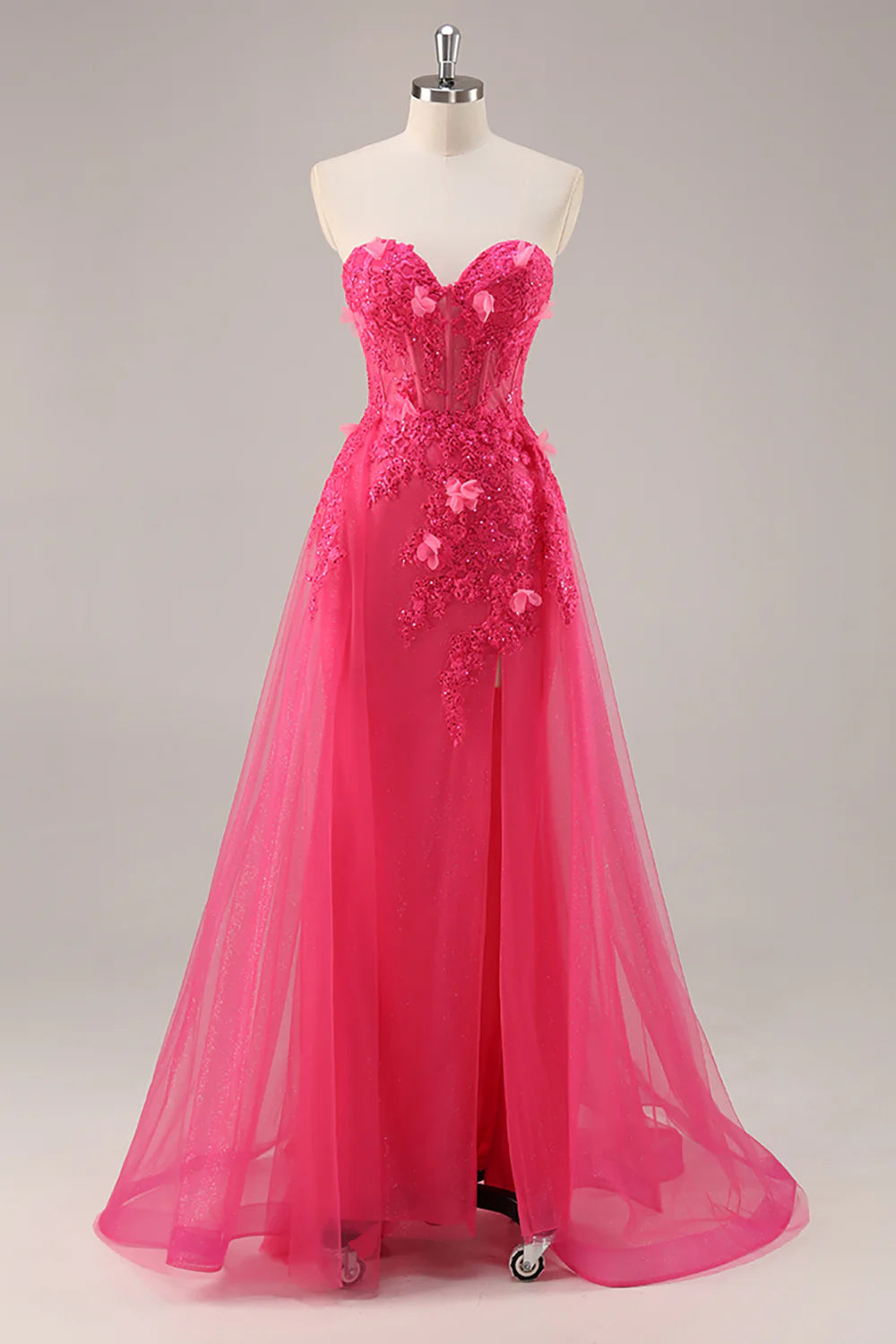 Fuchsia Floral Corset Sweetheart Tulle Long Prom Dress with Slit