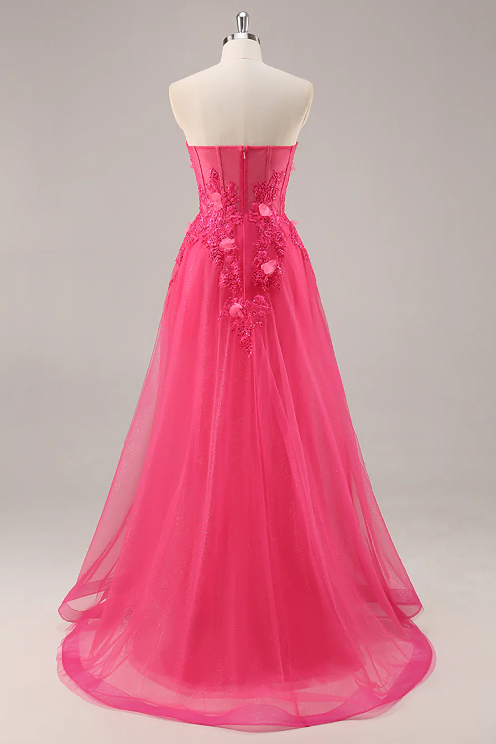 Fuchsia Floral Corset Sweetheart Tulle Long Prom Dress with Slit