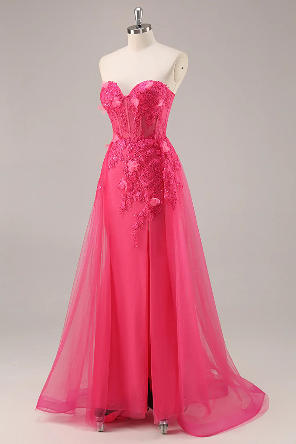 Fuchsia Floral Corset Sweetheart Tulle Long Prom Dress with Slit