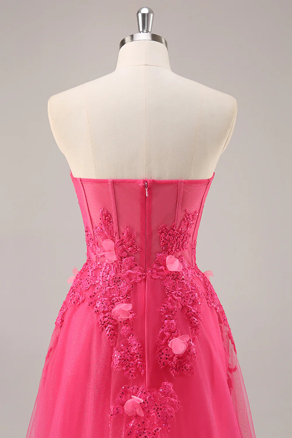 Fuchsia Floral Corset Sweetheart Tulle Long Prom Dress with Slit