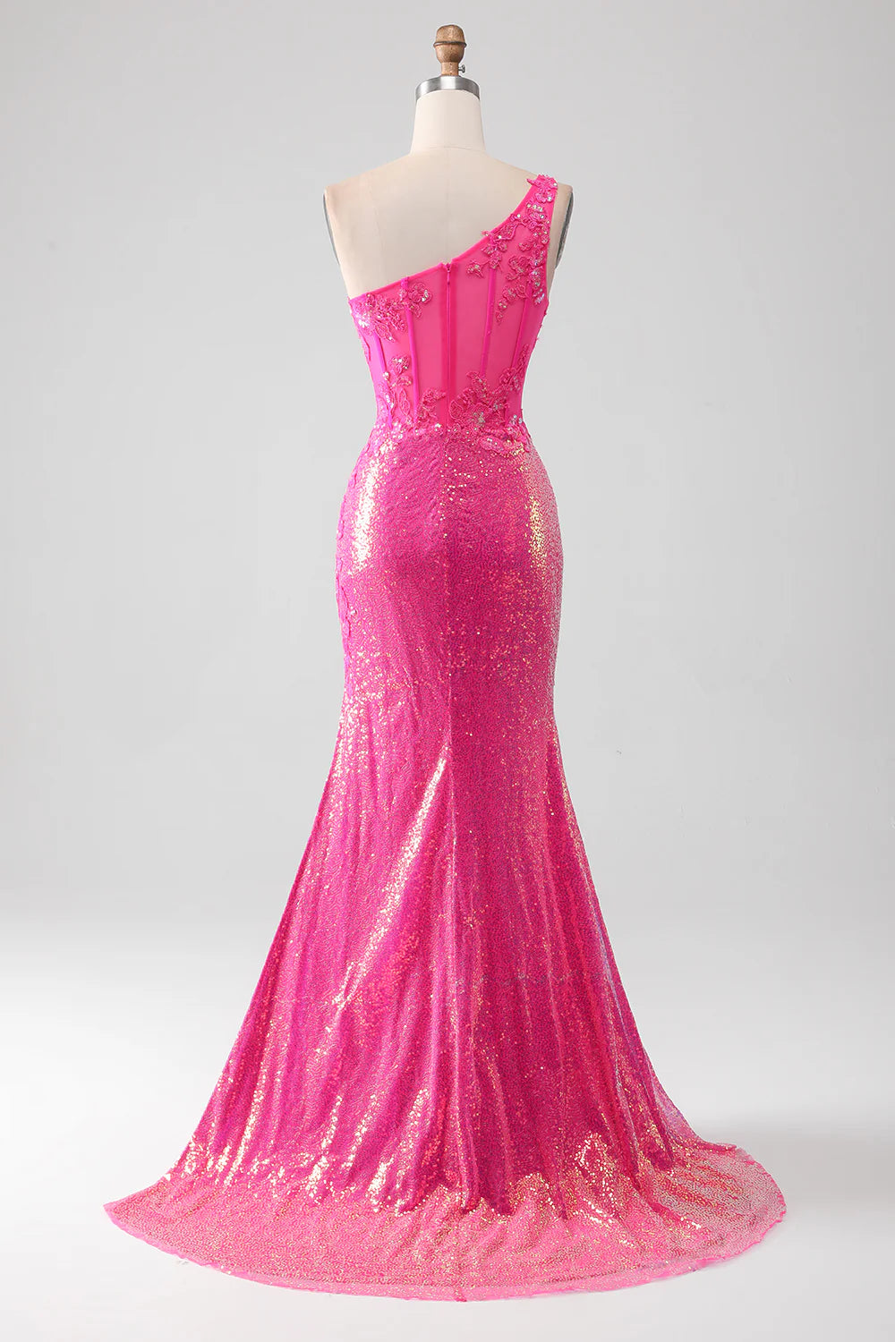 Fuchsia Mermaid One Shoulder Sparkly Corset Prom Dress With Slit