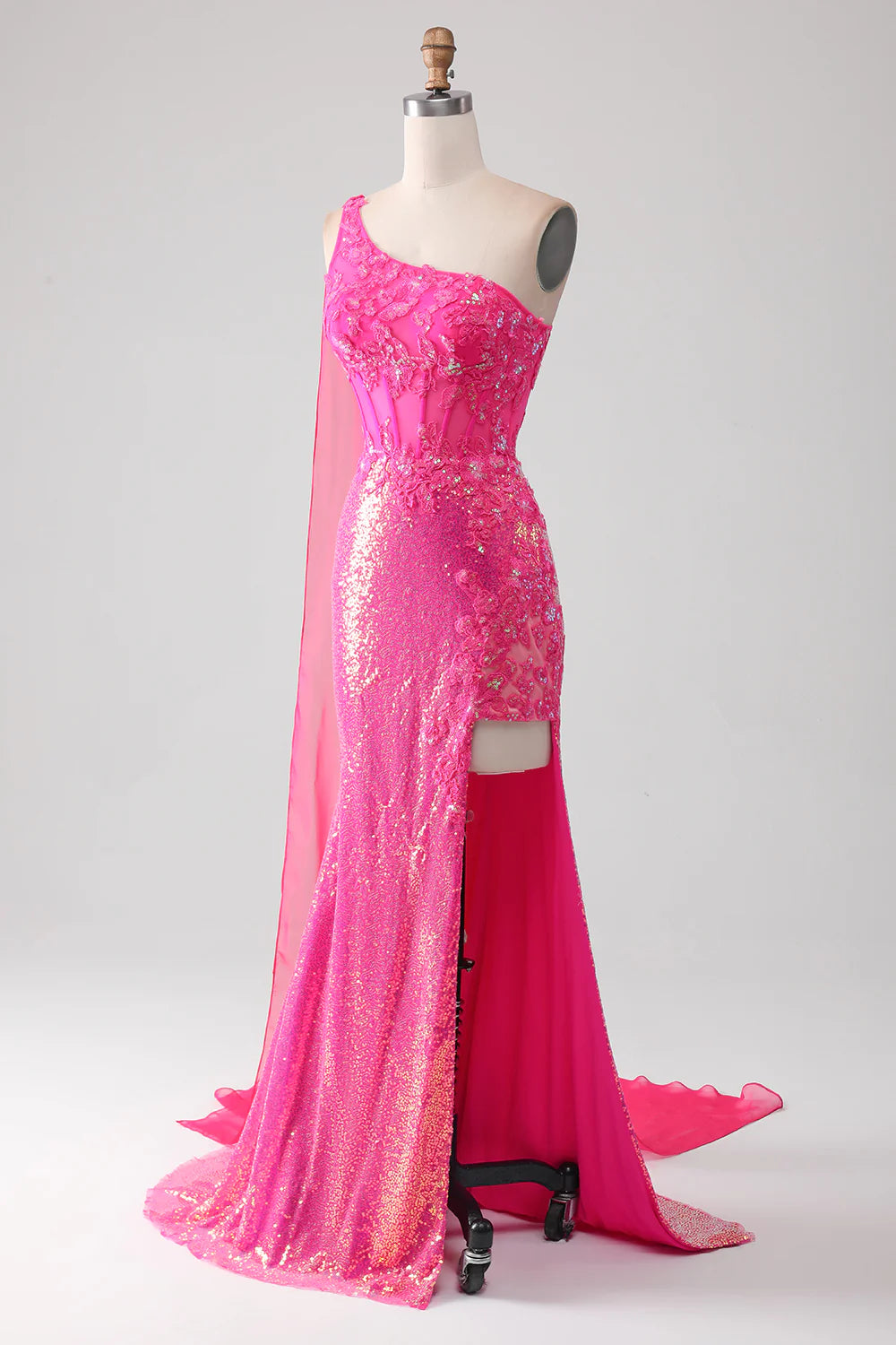 Fuchsia Mermaid One Shoulder Sparkly Corset Prom Dress With Slit