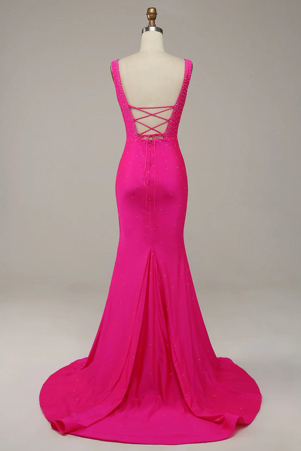 Fuchsia Mermaid V-Neck Beaded  Unique Design Prom Dress