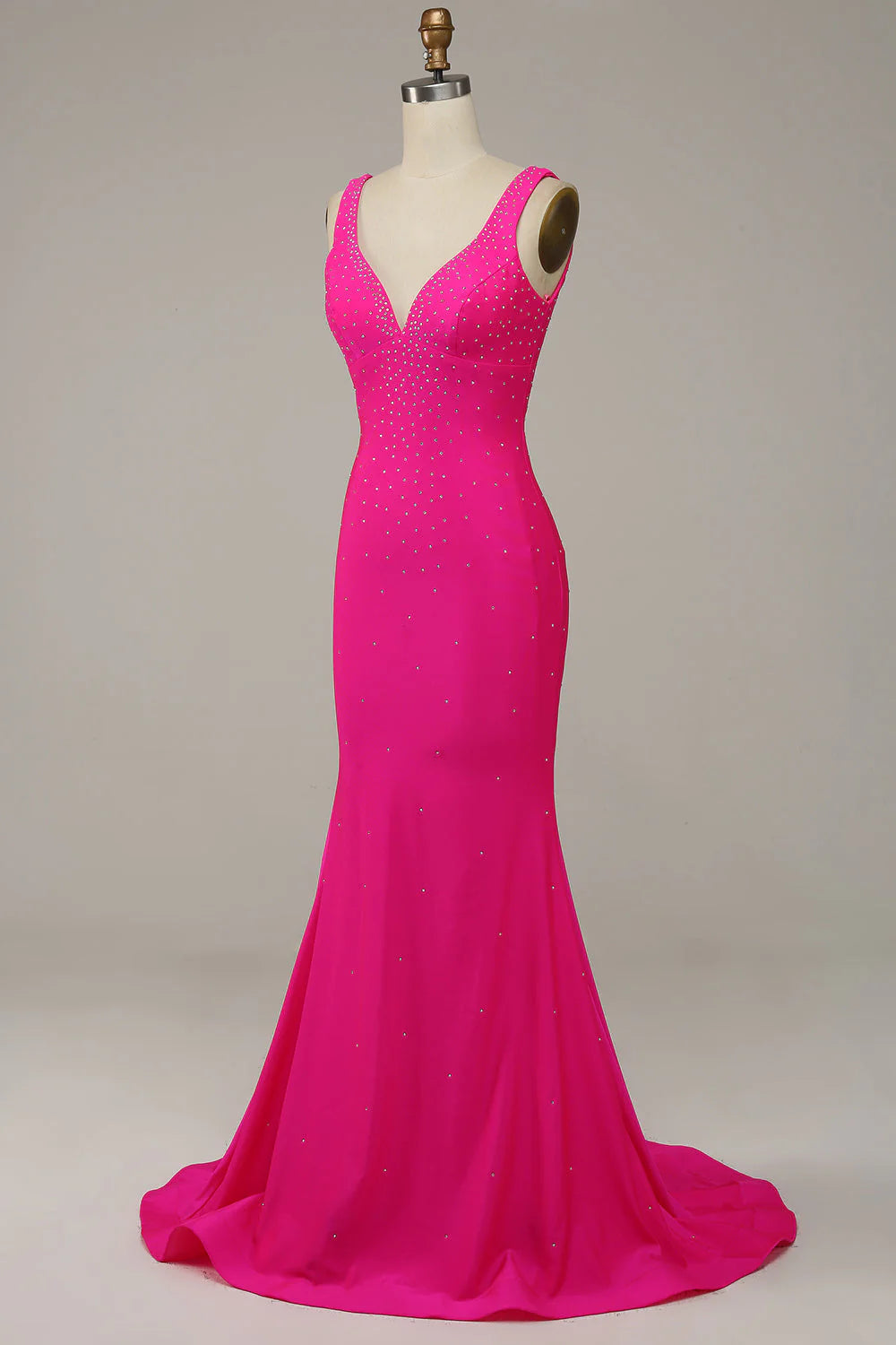 Fuchsia Mermaid V-Neck Beaded  Unique Design Prom Dress