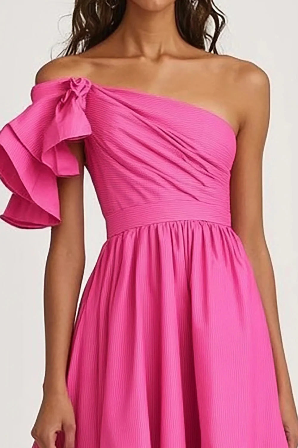 Fuchsia One Shoulder A Line Satin Ruffled High-Low Formal Dress