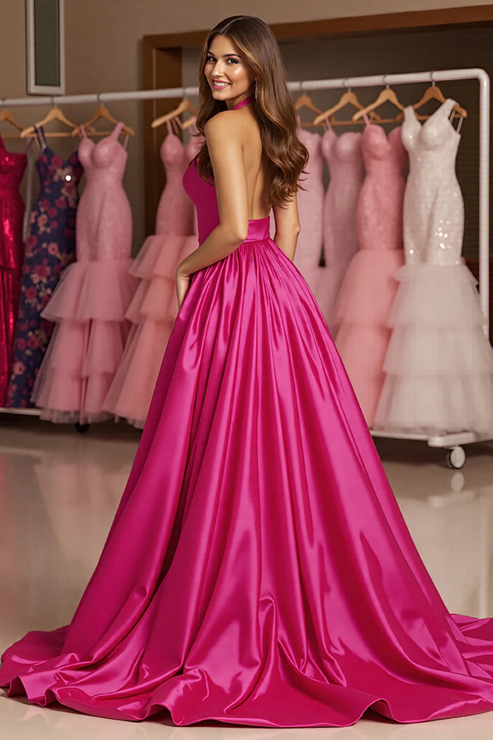 Fuchsia Satin A Line Halter Long Prom Dress with Slit