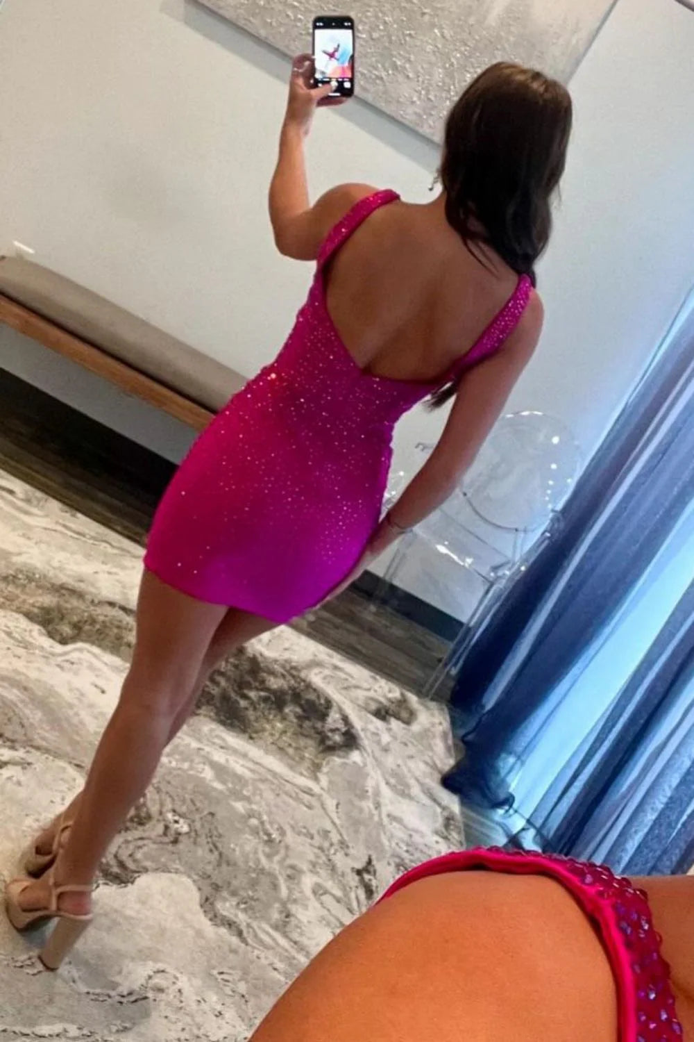 Fuchsia Sexy Bodycon Deep V-Neck Short Beaded Homecoming Dress