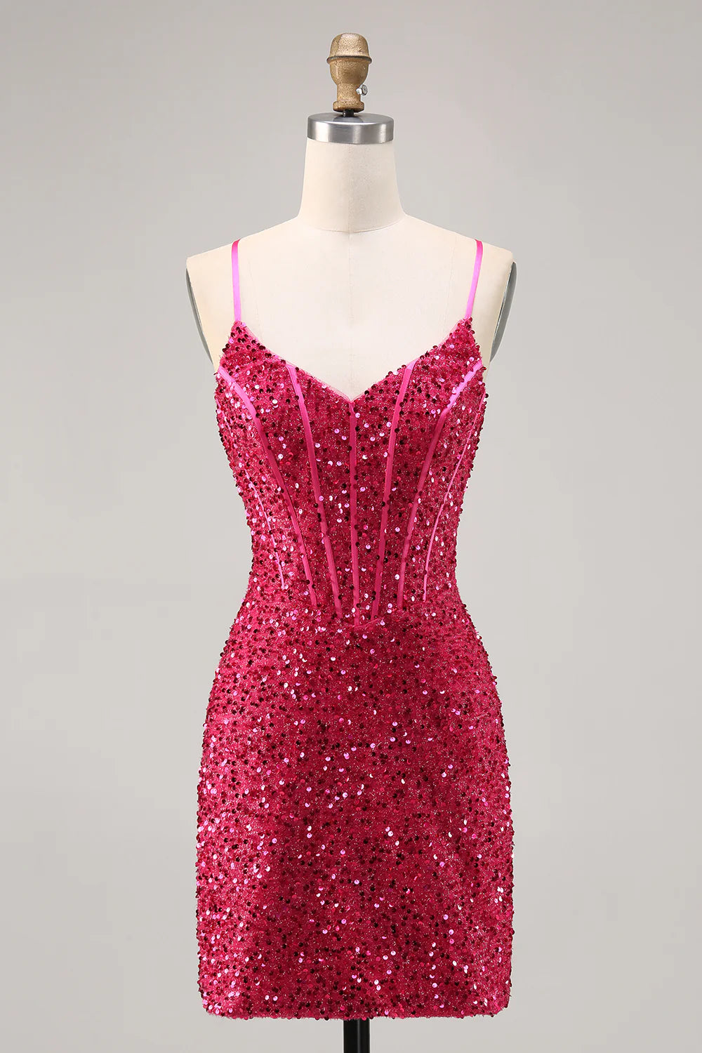 Fuchsia Spaghetti Straps Bodycon Corset Sequins Homecoming Dress
